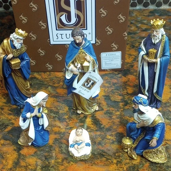 Nativity Set with Blue and Gold Accents - Picture 1 of 10